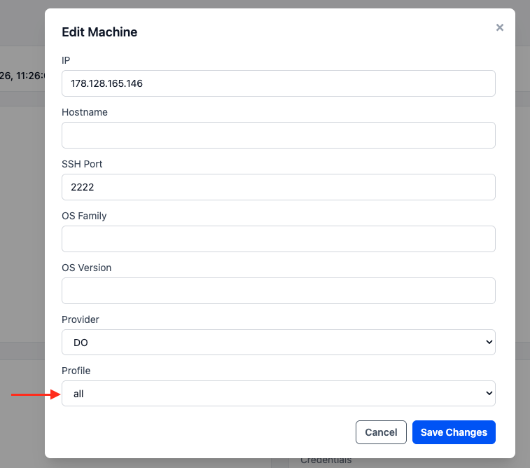 The Edit Machine dialog, with the Profile menu at the bottom of the form