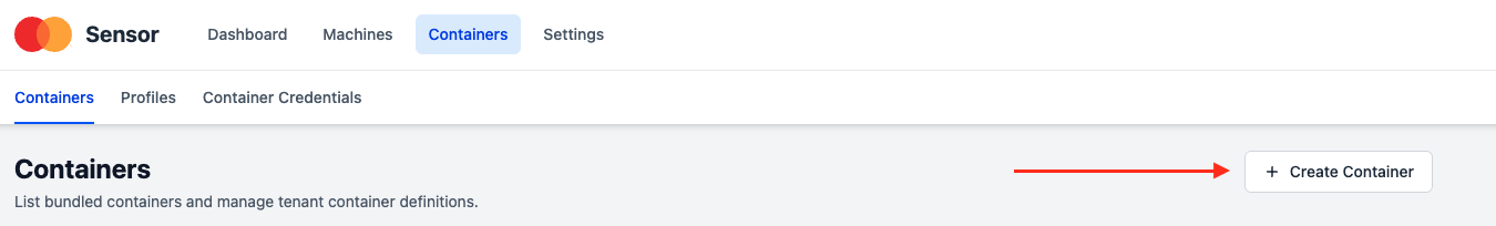 The Containers page in the portal, with the Create Container button in the top right corner